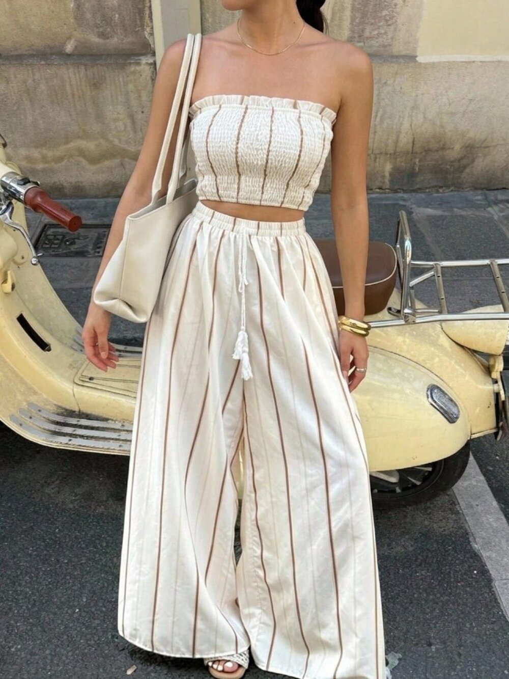 Apricot Boho Women's Contrast Stripe Bandeau Top with Fringe Wide Leg Pants Set - Picture 4 of 9